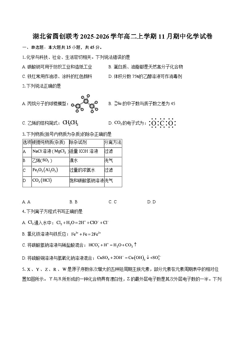 湖北省圆创联考2025-2026学年高二上学期11月期中化学试卷-自定义类型第1页