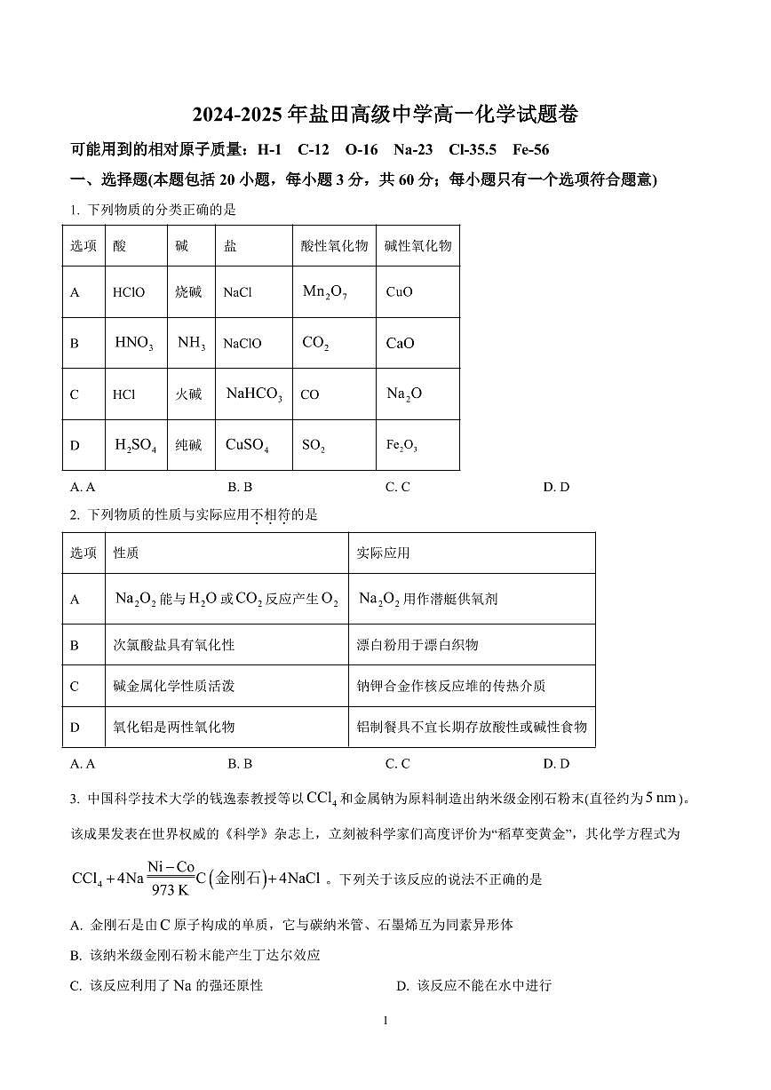 2024-2025学年深圳市盐田高级中学高一(上)期末化学试卷及答案第1页