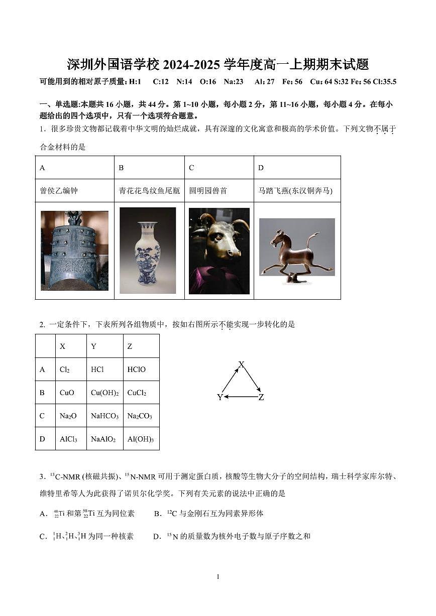 2024-2025学年深圳外国语学校高一(上)期末化学试卷及答案第1页