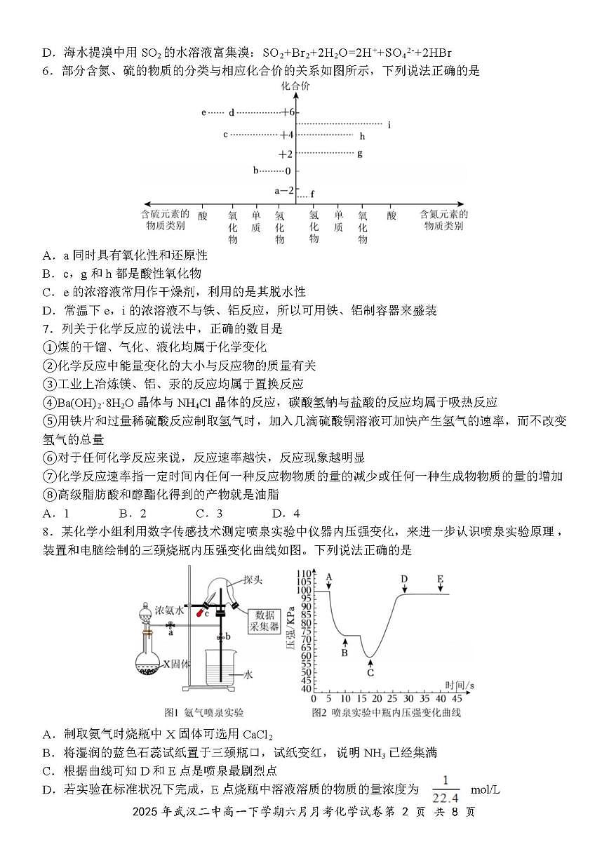 2024-2025学年湖北省武汉市第二中学高一下学期6月月考化学试题（含答案）第2页