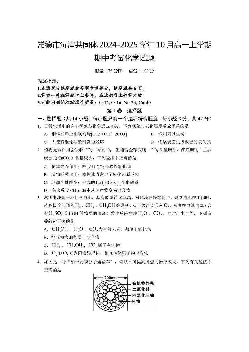 2024-2025学年湖南省常德市沅澧共同体高一上学期10月期中考试化学试题（含答案）第1页