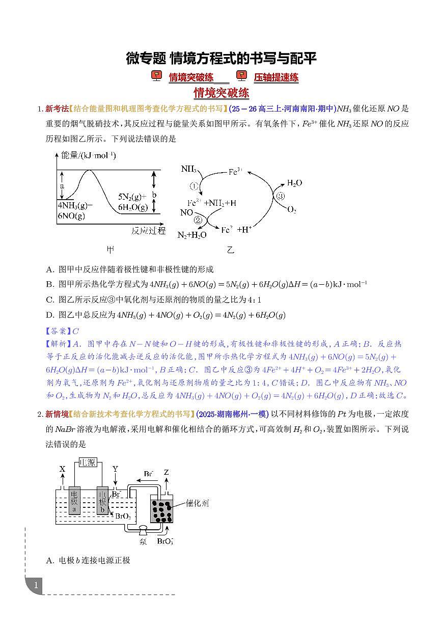 微专题 情境方程式的书写与配平（培优专练）（解析版）第1页