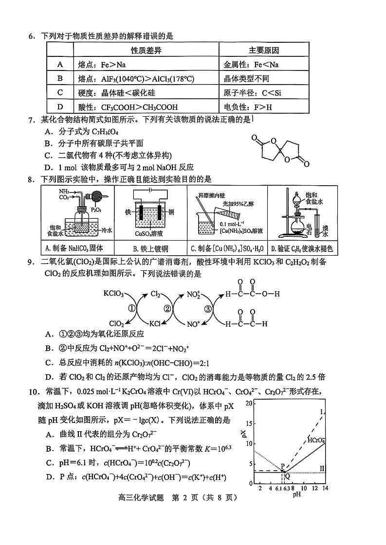 2026届山东省淄博市第一学期高三摸底质量检测（期末）化学试卷第2页