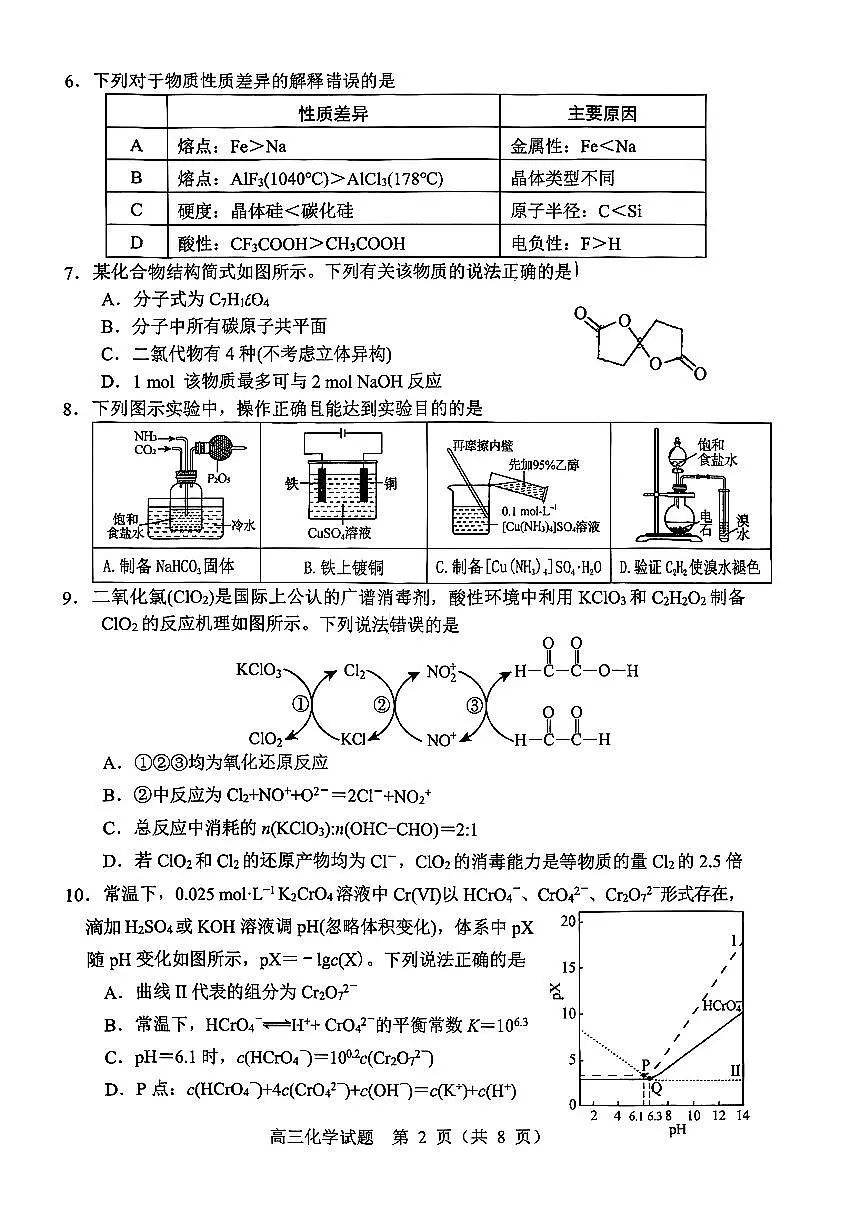 化学试卷-2026届山东省淄博市第一学期高三摸底质量检测（期末）第2页