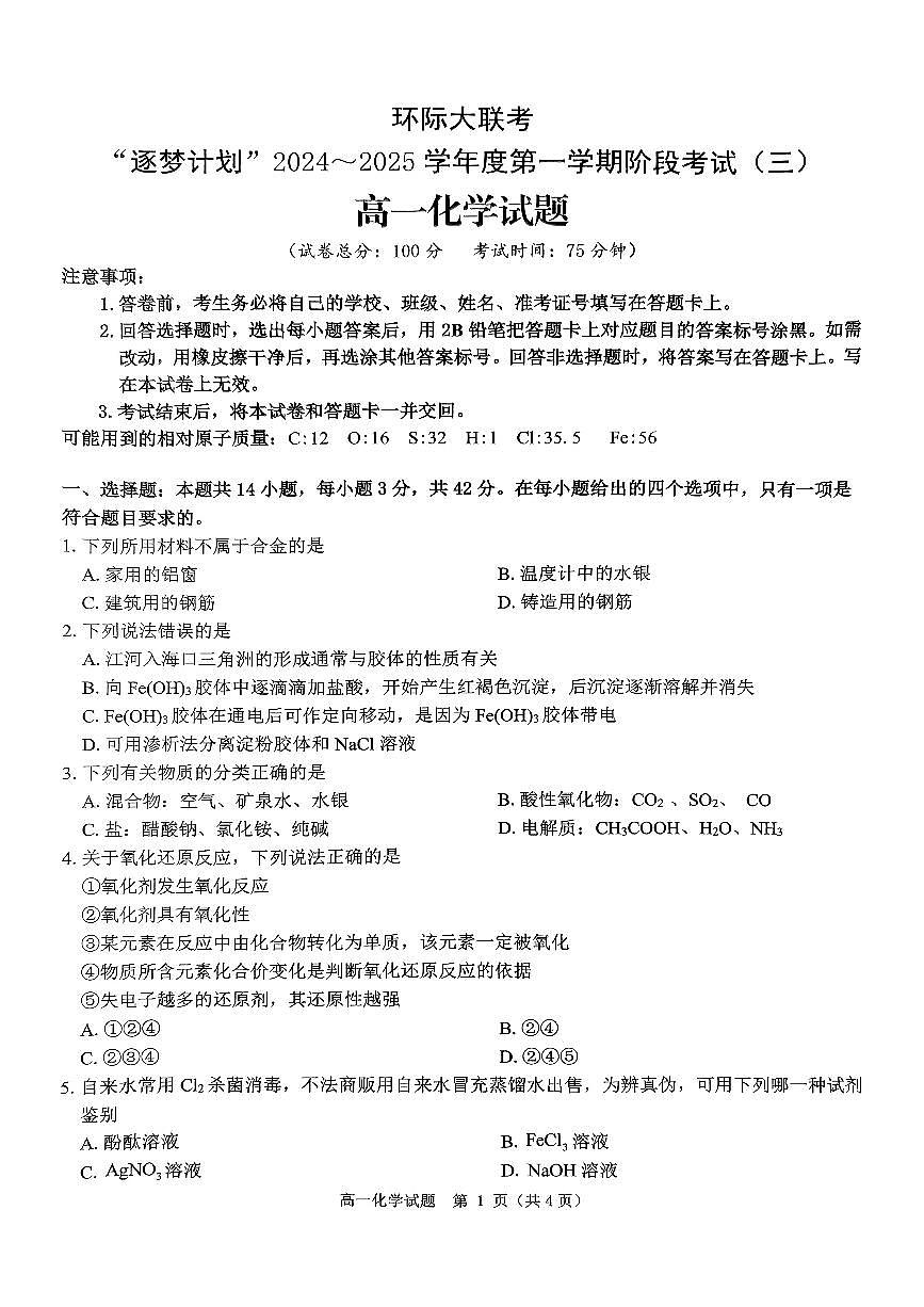 河南省驻马店市环际大联考“逐梦计划”2024-2025学年高一上学期阶段性考试（三）化学试题（无答案）第1页