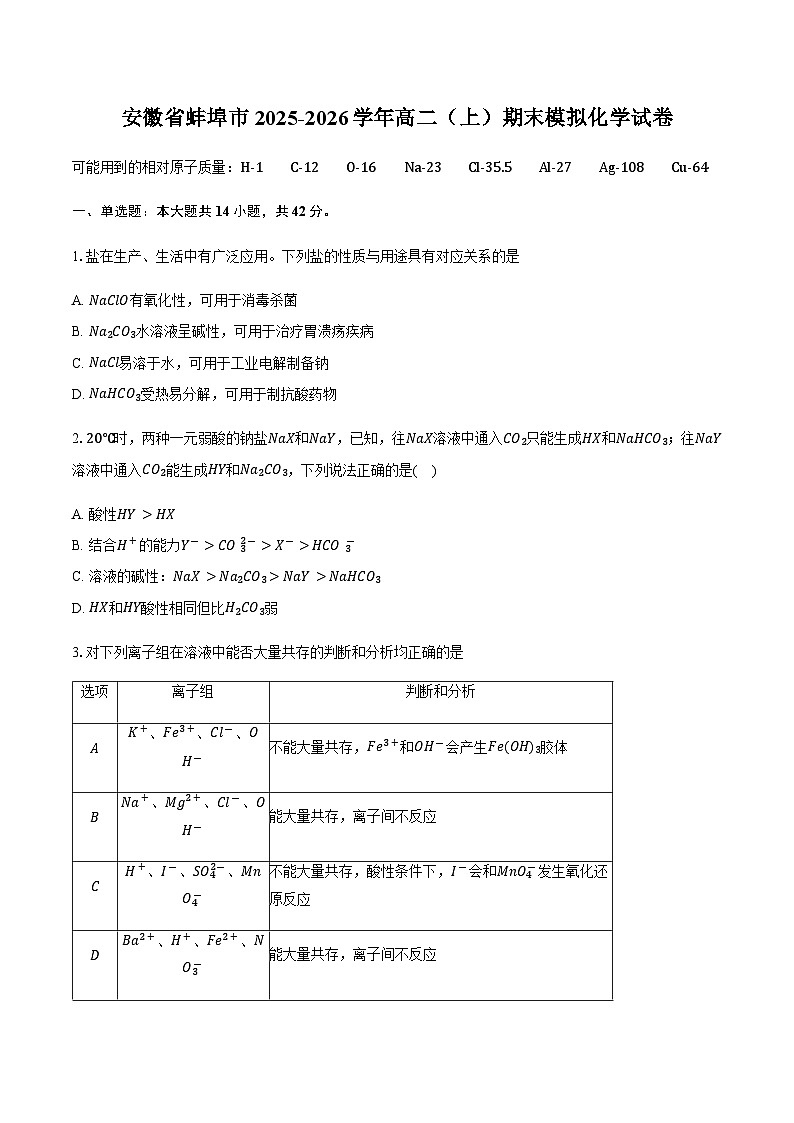 安徽省蚌埠市2025-2026学年高二（上）期末模拟化学试卷（含答案）第1页