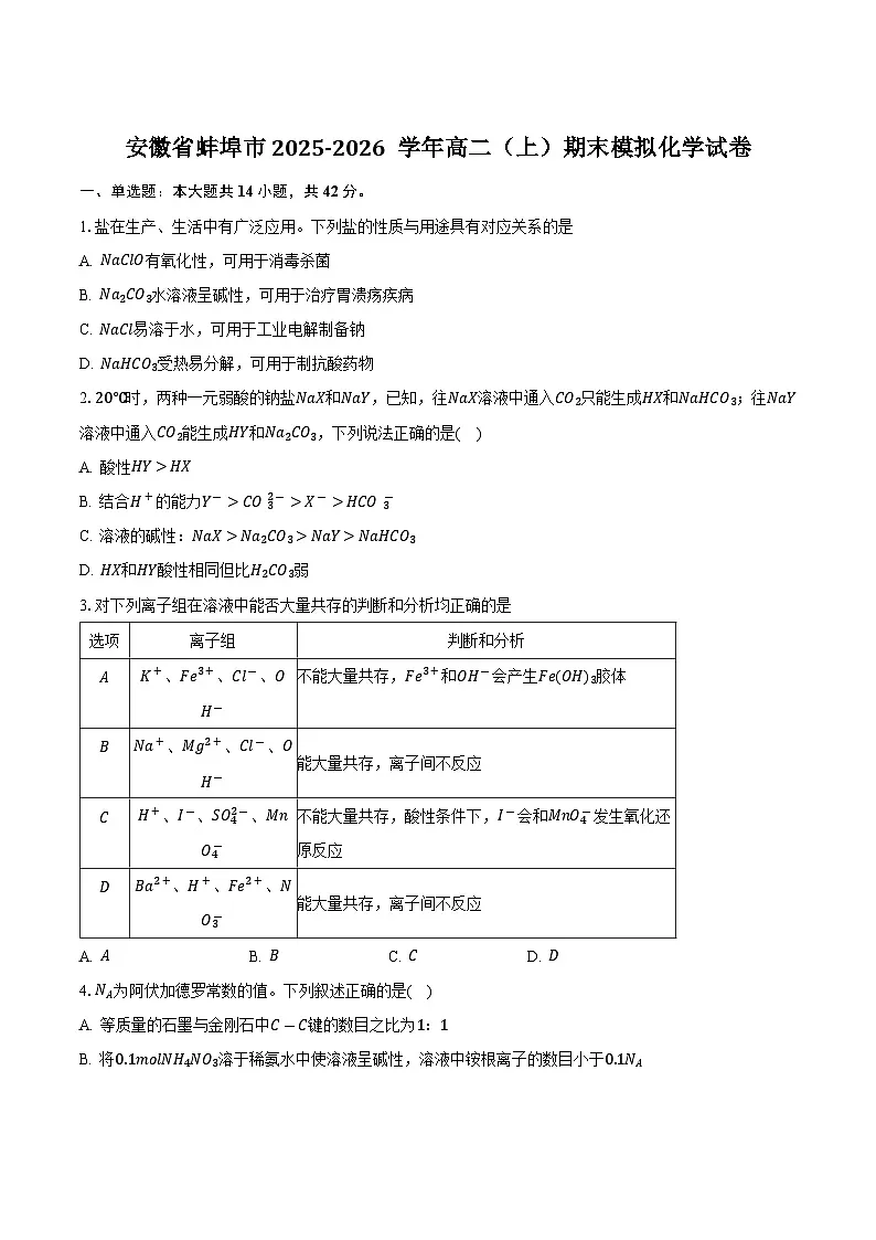 安徽省蚌埠市2025-2026学年高二上学期期末模拟化学试卷（含答案）第1页