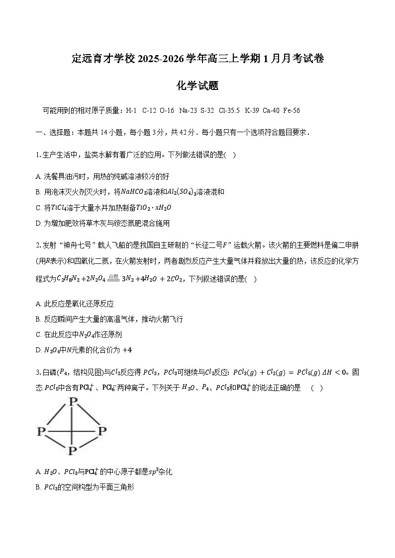 安徽省滁州市定远县育才学校2025-2026学年高三上学期1月月考化学试卷（含答案）第1页
