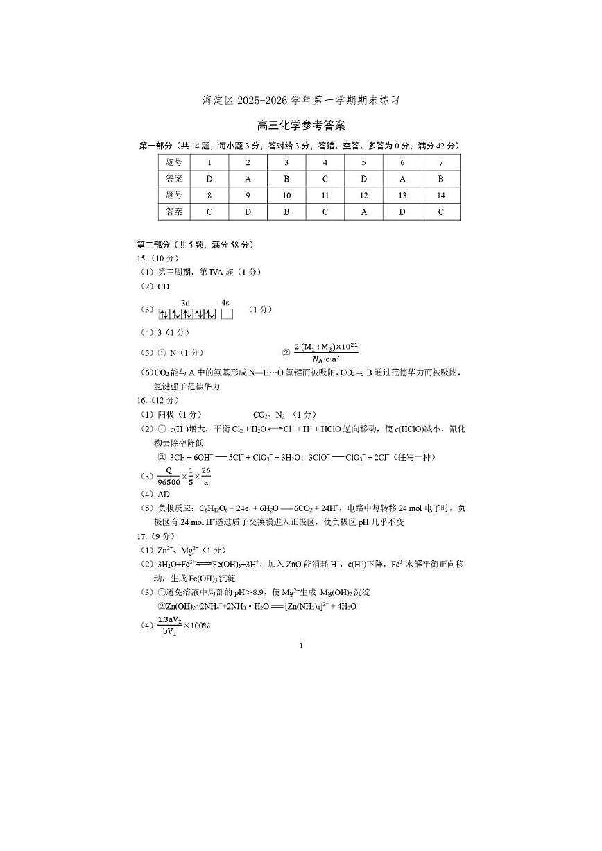 2026届高三海淀期末考试化学答案第1页
