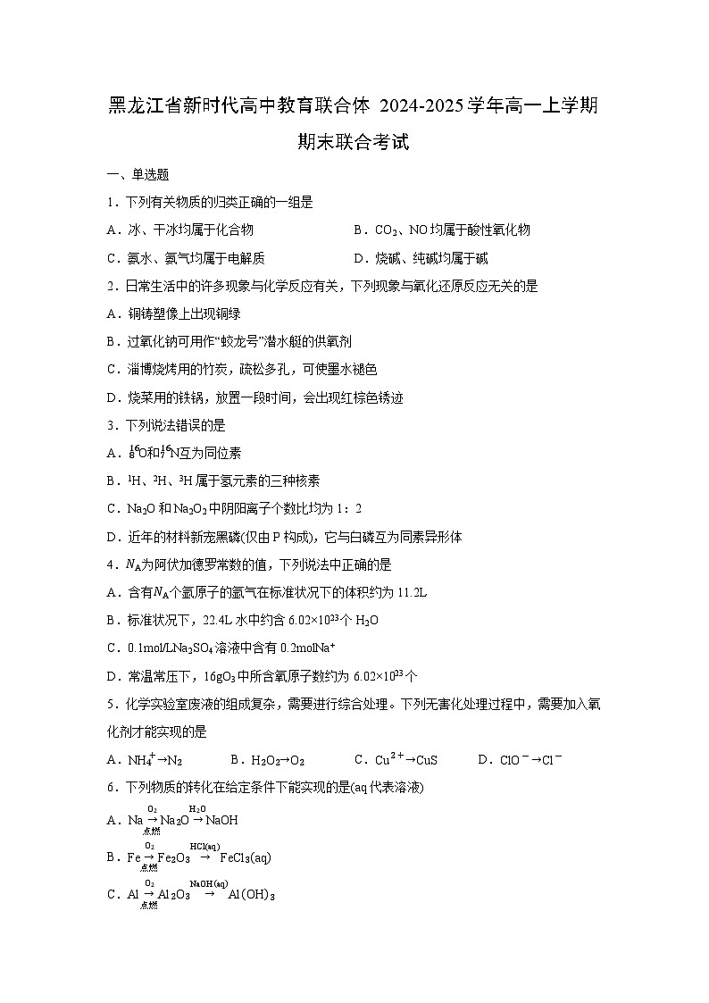 2024-2025学年黑龙江省新时代高中教育联合体高一上学期期末联合考试化学试卷（学生版）第1页