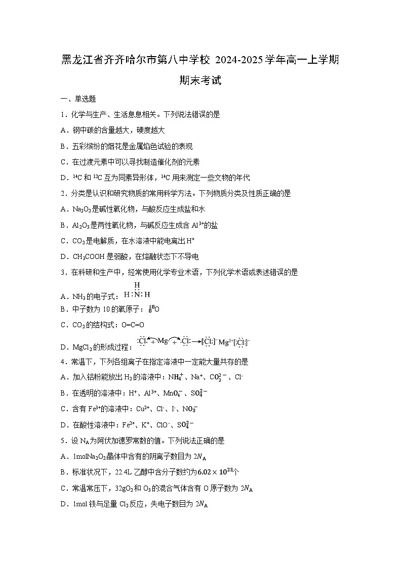 2024-2025学年黑龙江省齐齐哈尔市第八中学校高一上学期期末考试化学试卷（学生版）第1页