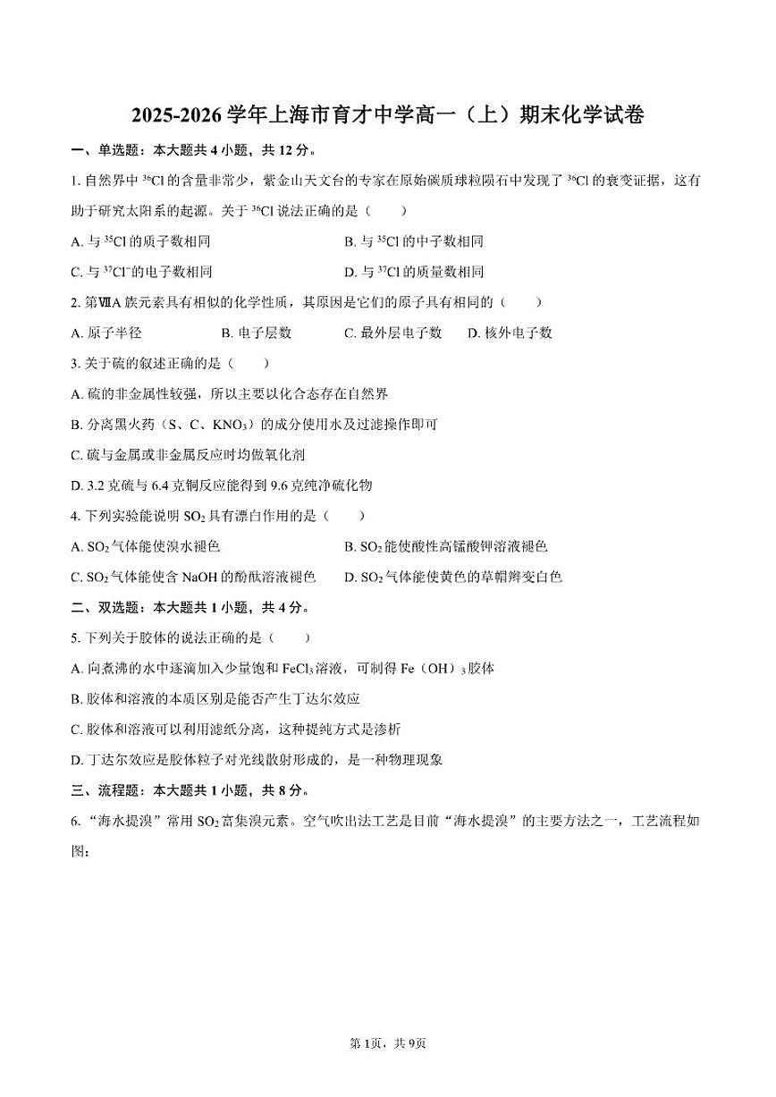 2025-2026学年上海市育才中学高一（上）期末化学（含答案）试卷第1页