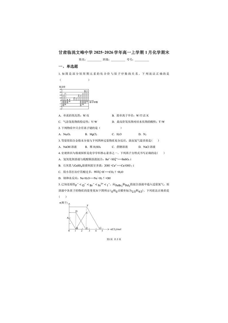 甘肃定西市临洮县文峰中学2025-2026学年高一上学期1月期末化学试题第1页