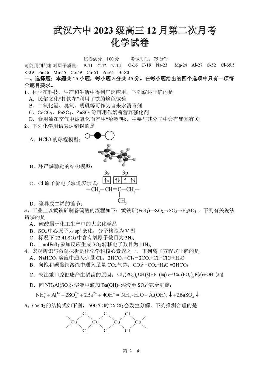 2025-2026学年湖北省武汉市第六中学高三上学期12月月考化学试卷（有答案）第1页
