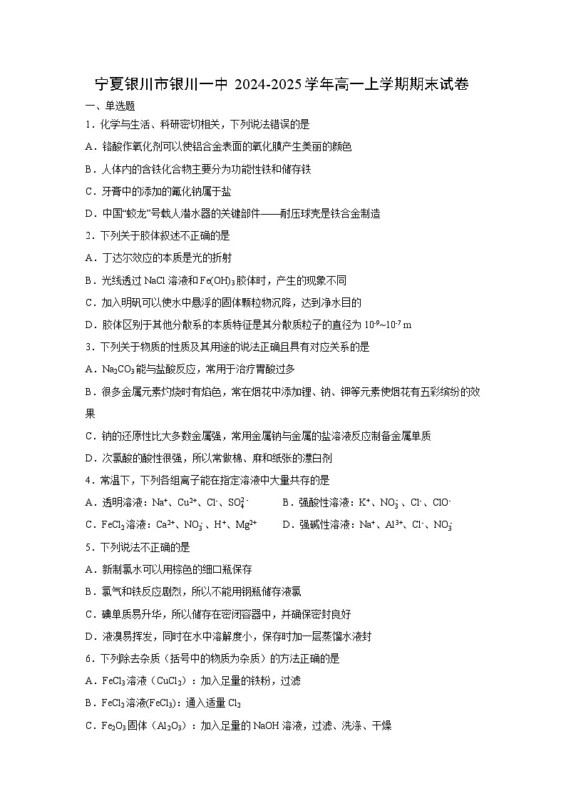 【化学】宁夏银川市银川一中2024-2025学年高一上学期期末试卷（学生版）第1页