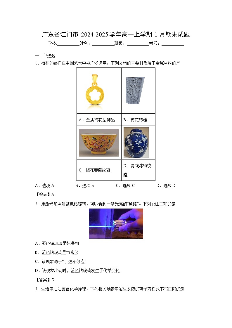 【化学】广东省江门市2024-2025学年高一上学期1月期末试题第1页
