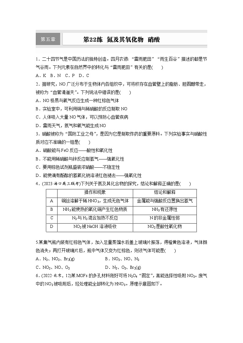 2026高三化学（人教版）一轮复习试题　第五章　第22练　氮及其氧化物　硝酸（含答案）第1页