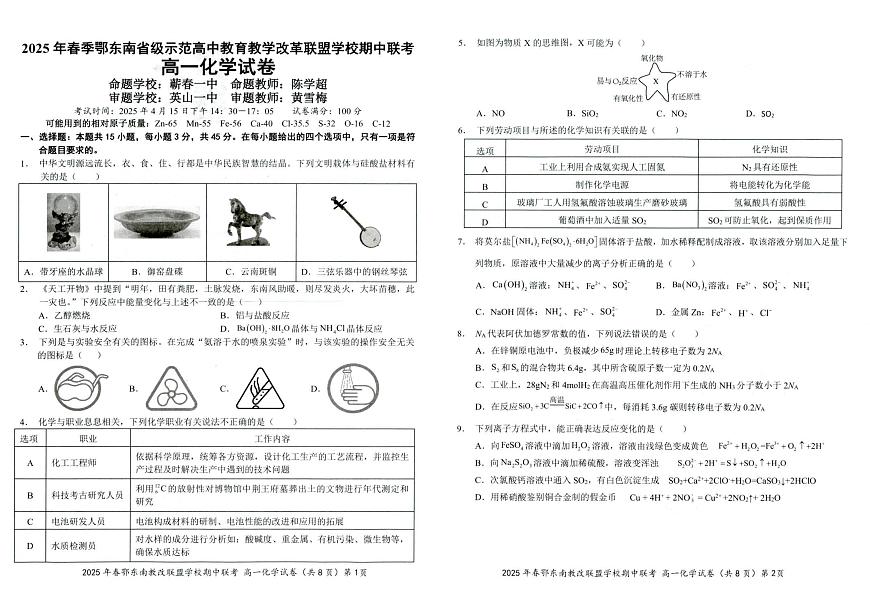 湖北省鄂东南省级示范高中教改联盟学校2024-2025学年高一下学期期中联考化学试卷（无答案）第1页