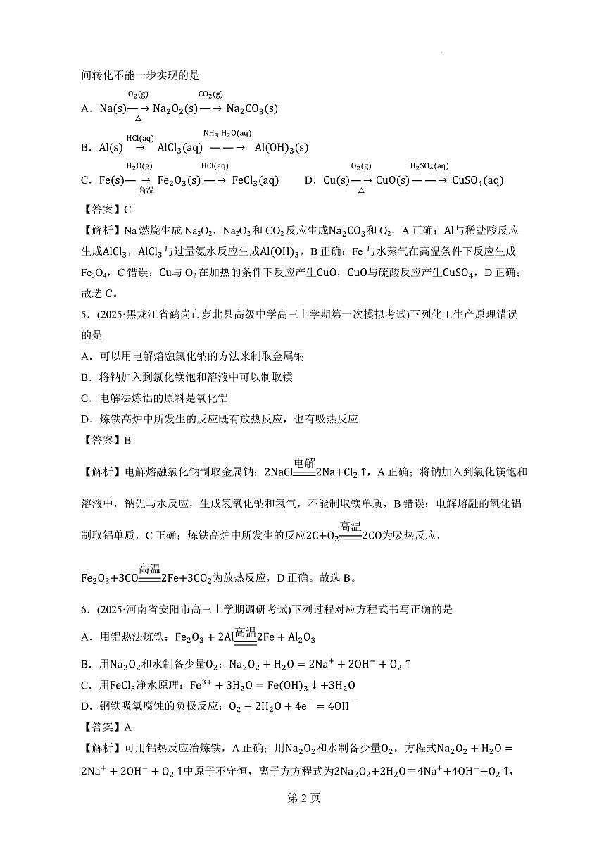 2026届高考二轮复习　 金属元素及其化合物练习(解析）第2页