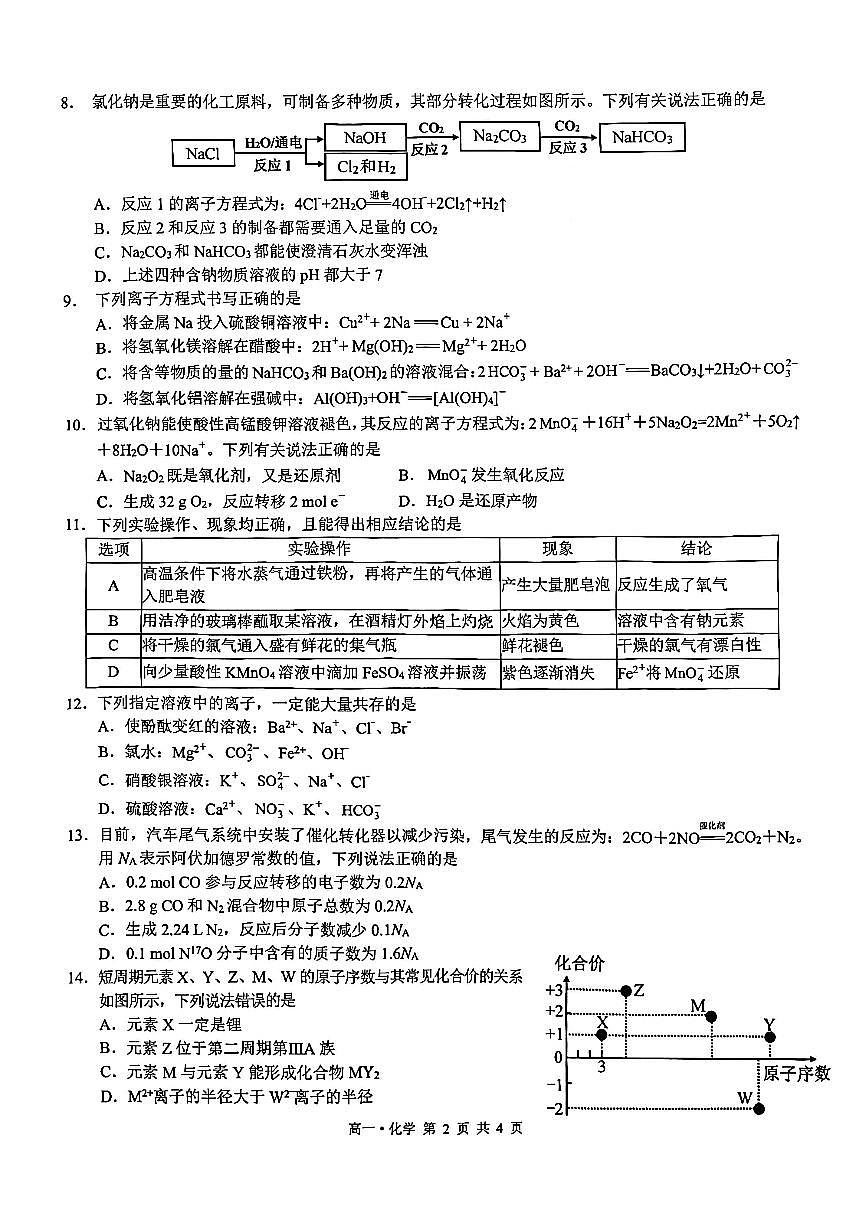 泸州市高2025级高一上学期期末质量监测化学试题（原卷）第2页