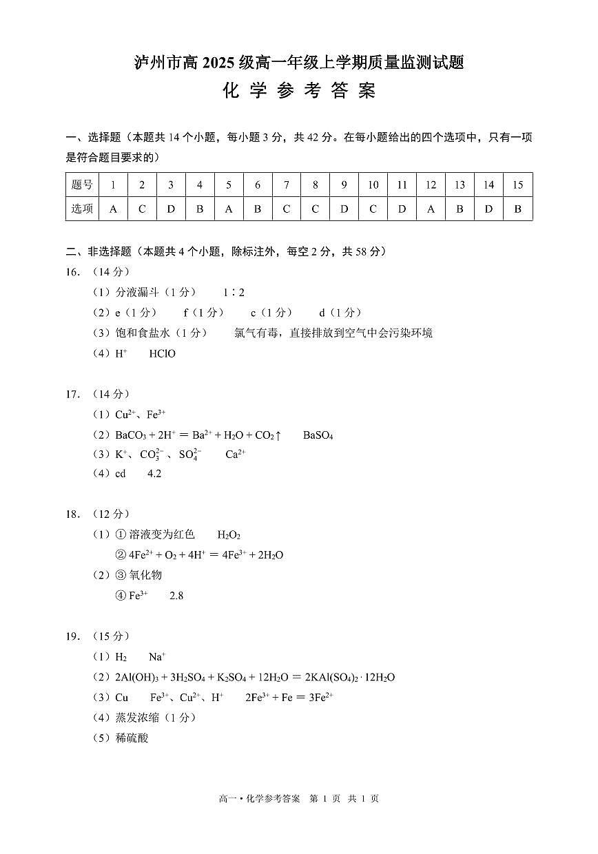 泸州市高2025级高一上学期期末质量监测化学试题（答案）第1页