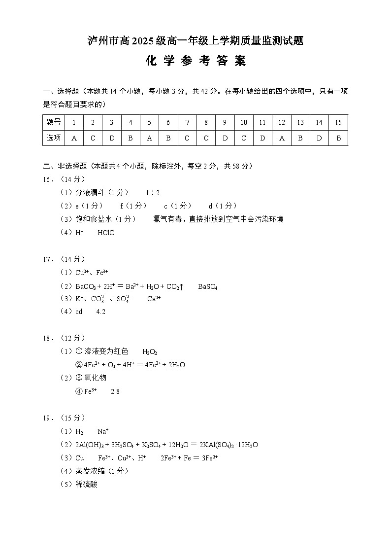 泸州市高2025级高一上学期期末质量监测化学试题（答案）第1页