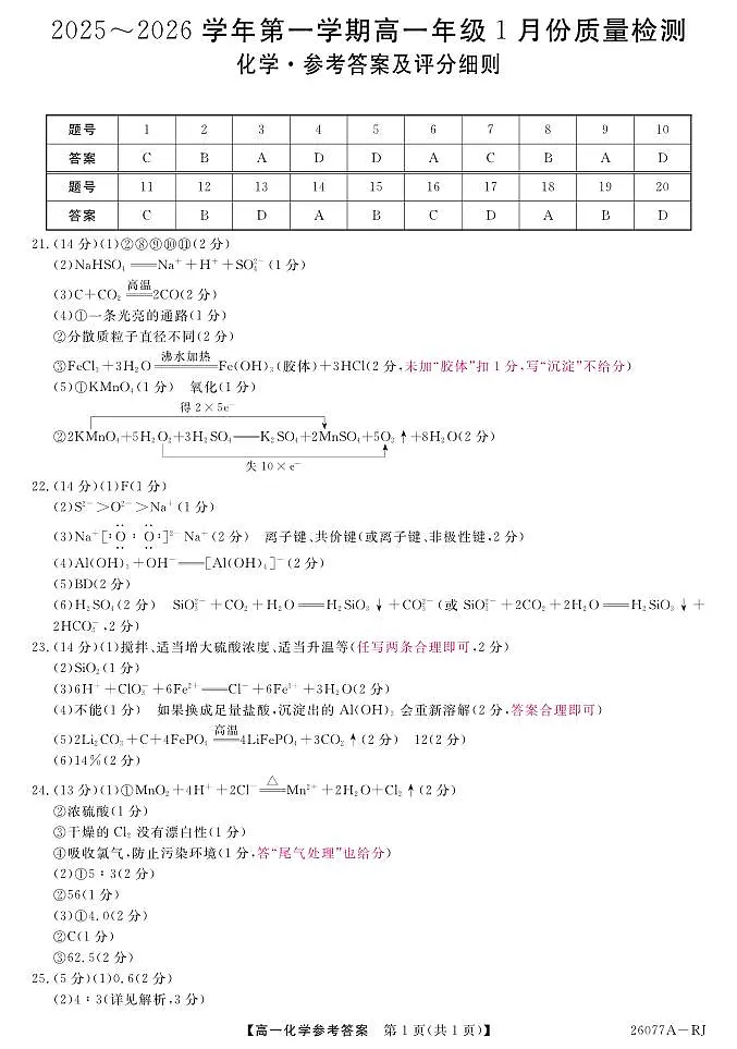 化学试题卷(人教RJ版)评分细则 第1页