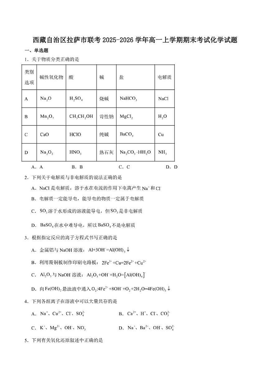 西藏自治区拉萨市2025-2026学年高一上学期期末联考化学试卷（含答案）第1页