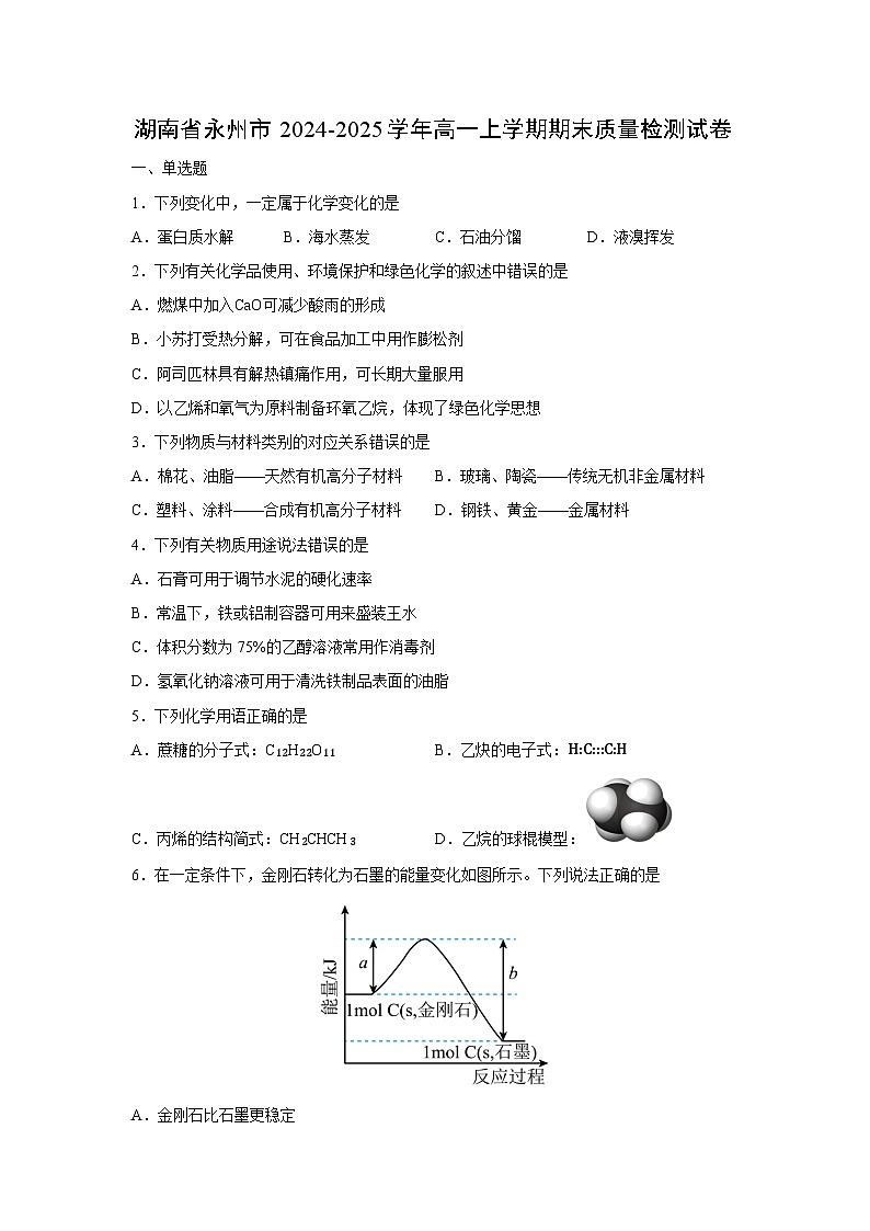 【化学】湖南省永州市2024-2025学年高一上学期期末质量检测试卷（学生版）第1页