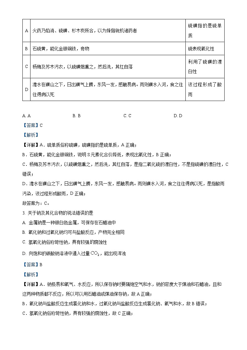 山东省青岛市2023-2024学年高一上学期1月期末化学试题 含解析第2页