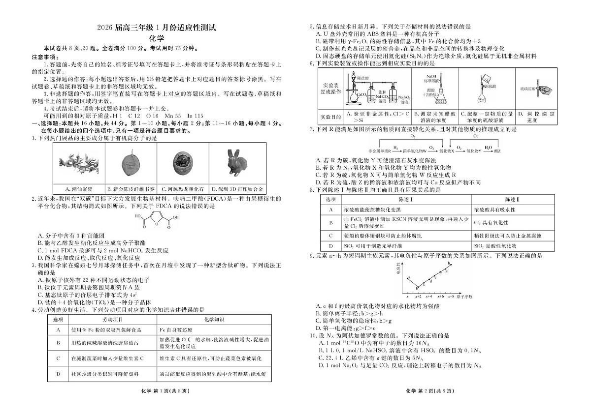 2026届广东衡水金卷高三上学期1月联考化学试题第1页