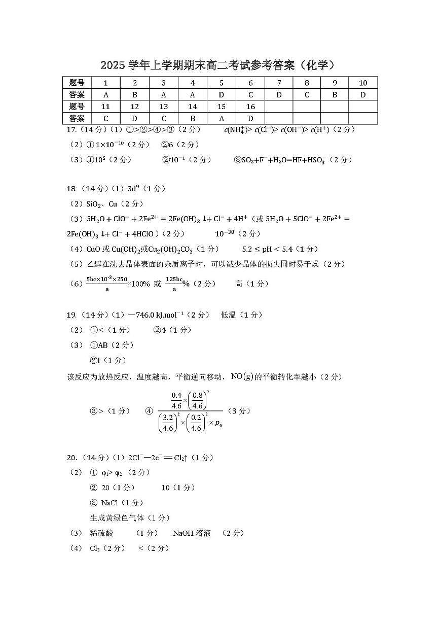 广东衡水金卷2025-2026学年高二上学期期末考试化学答案第1页