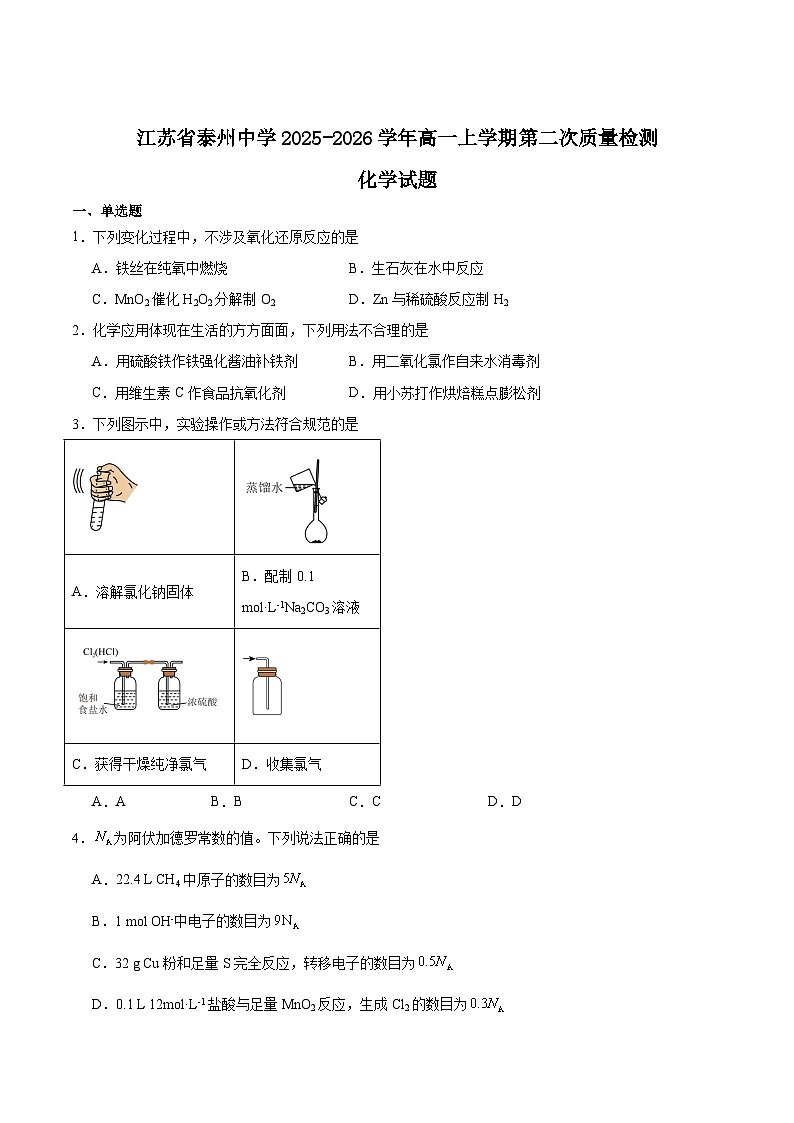 江苏省泰州中学2025-2026学年高一上学期第二次质量检测化学试题（Word版附答案）第1页