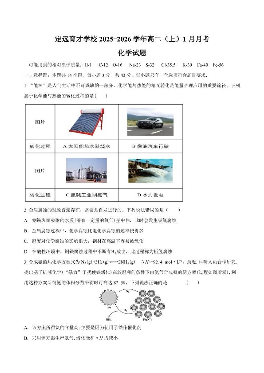 2025-2026学年安徽省定远县育才学校高二（上）1月月考化学试题（含答案）第1页