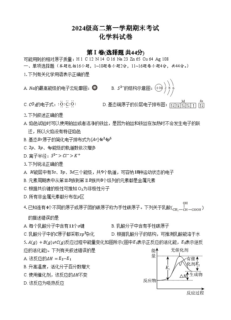 2024级高二第一学期期末考试化学科试卷第1页