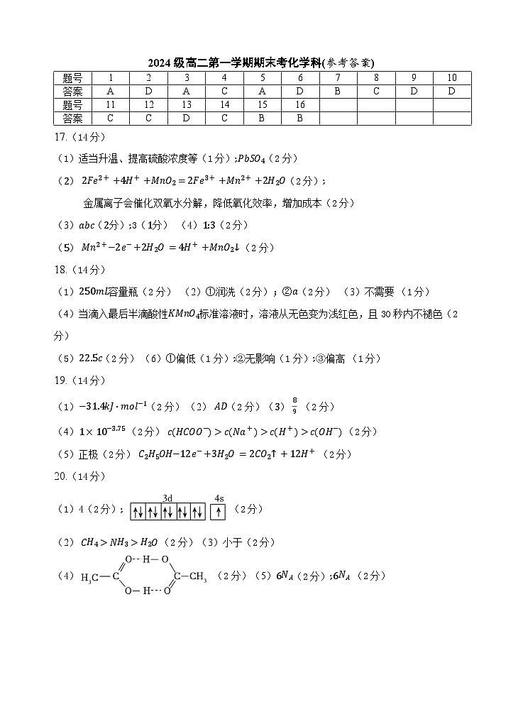 2024级高二第一学期期末考试化学科答案第1页