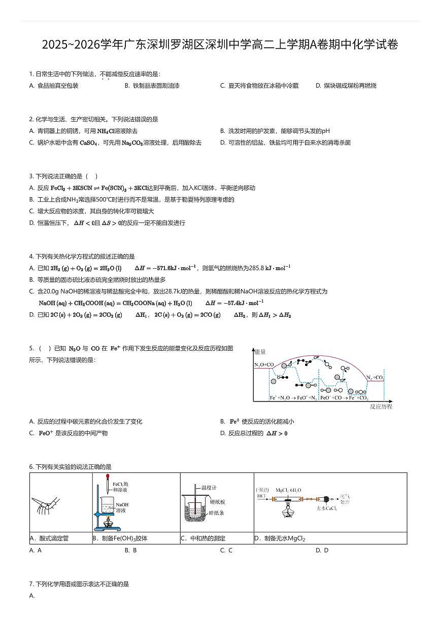 2025~2026学年广东深圳罗湖区深圳中学高二上学期A卷期中化学试卷（有答案解析）第1页