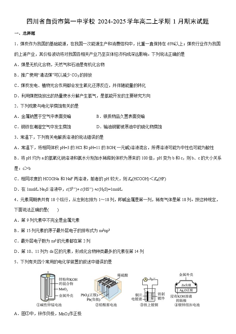 2024-2025学年四川省自贡市第一中学校高二上学期1月期末化学试卷（学生版）第1页