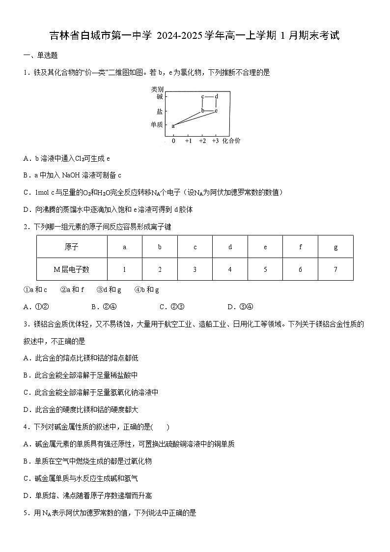 2024-2025学年吉林省白城市第一中学高一上学期1月期末考试化学试卷（学生版）第1页