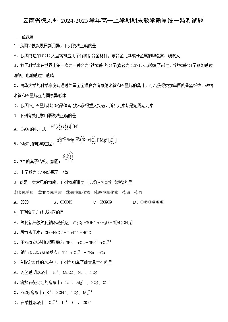 2024-2025学年云南省德宏州高一上学期期末教学质量统一监测化学试卷（学生版）第1页