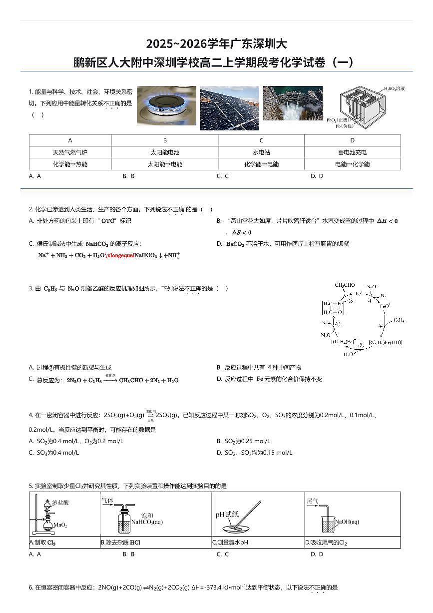 2025~2026学年广东深圳大鹏新区人大附中深圳学校高二上学期段考化学试卷（一）（有答案解析）第1页