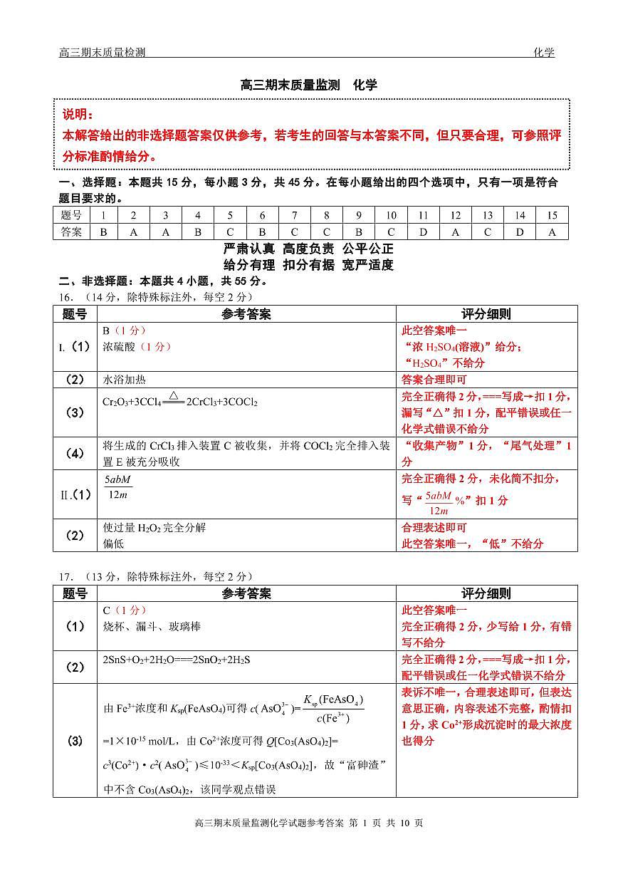 辽宁省点石联考2026届高三期末质量监测化学答案第1页