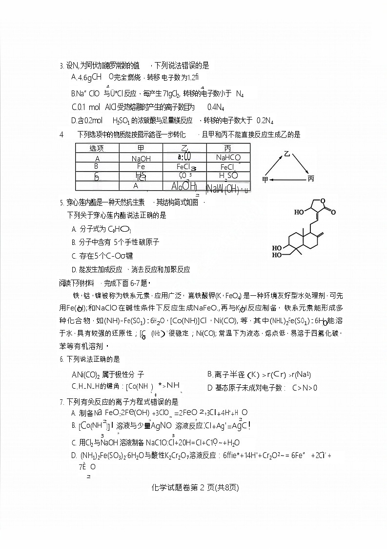 安徽省芜湖市2026届高三上学期一模化学试题（含答案）第2页