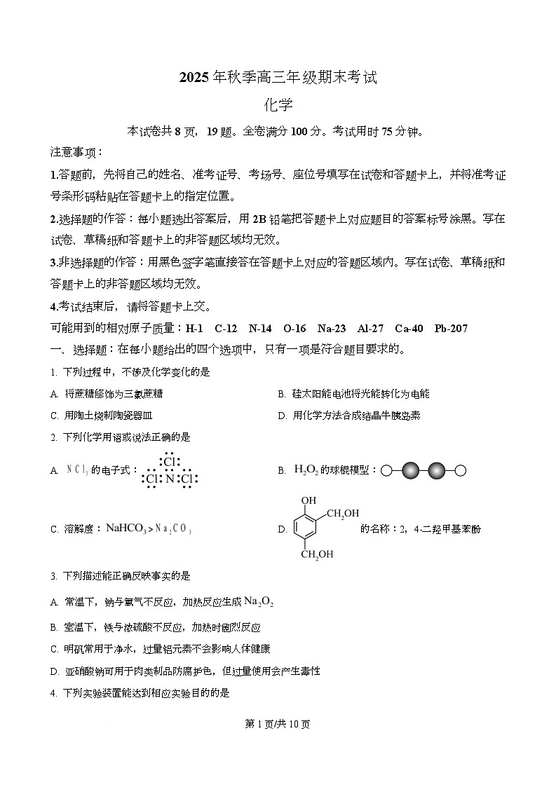 湖北省黄冈市2025-2026学年高三上学期1月期末考试 化学试题  Word版无答案第1页