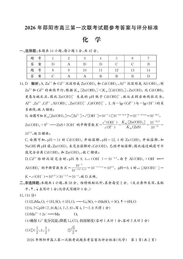 2026年邵阳市高三第一次联考化学试题参考答案与评分标准第1页
