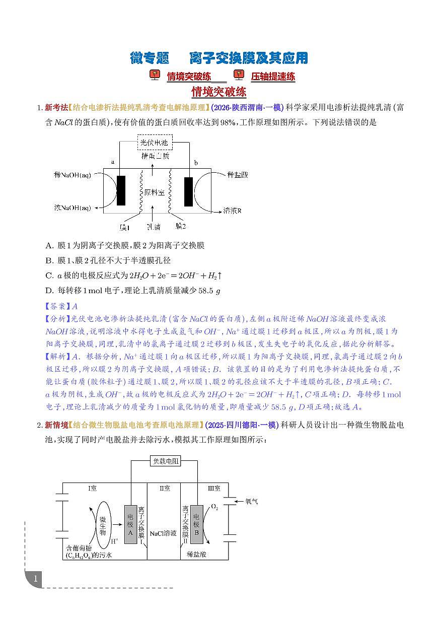 微专题 离子交换膜及其应用（解析版）第1页