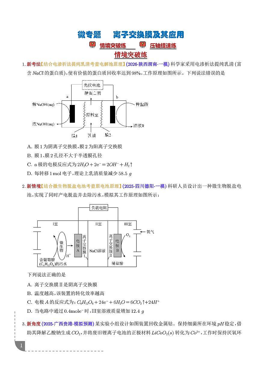 微专题 离子交换膜及其应用（学生版）第1页
