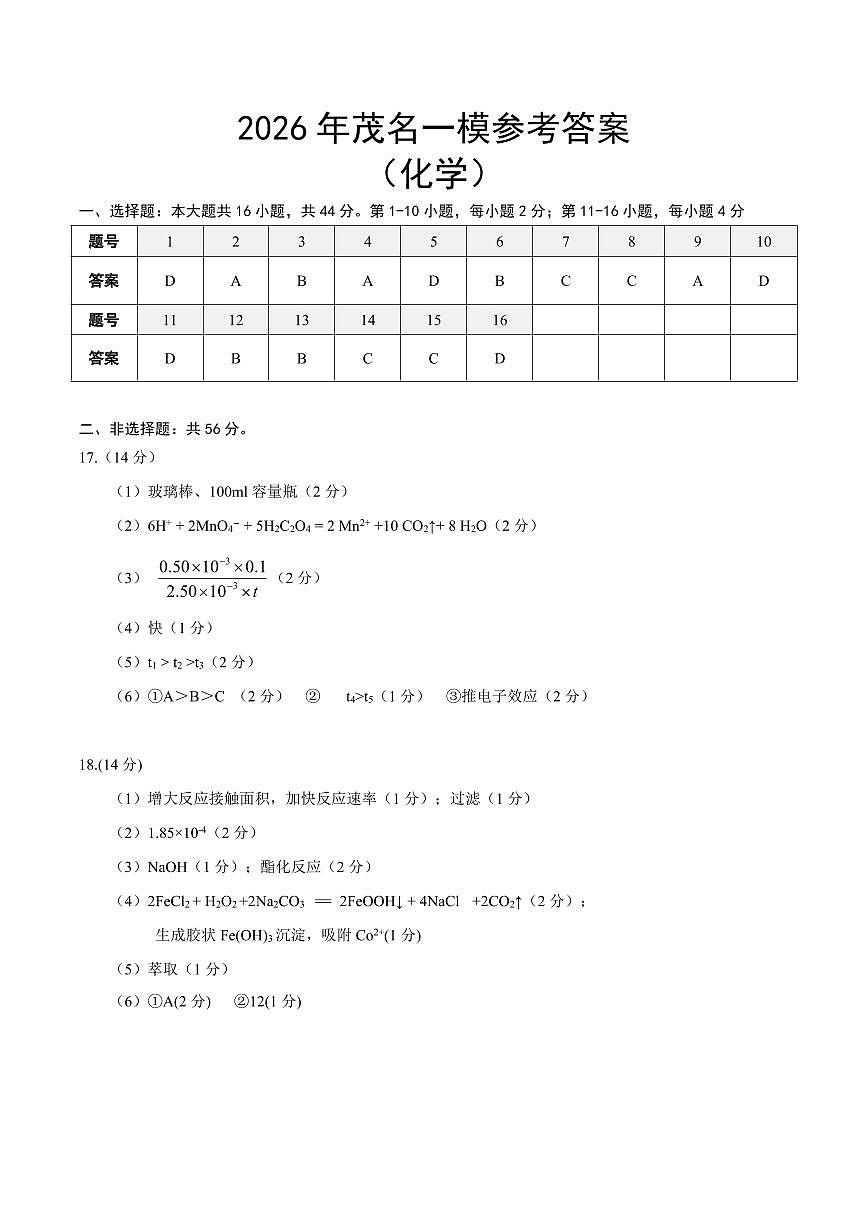 2026届广东省茂名市高州市高三上学期一模化学答案第1页