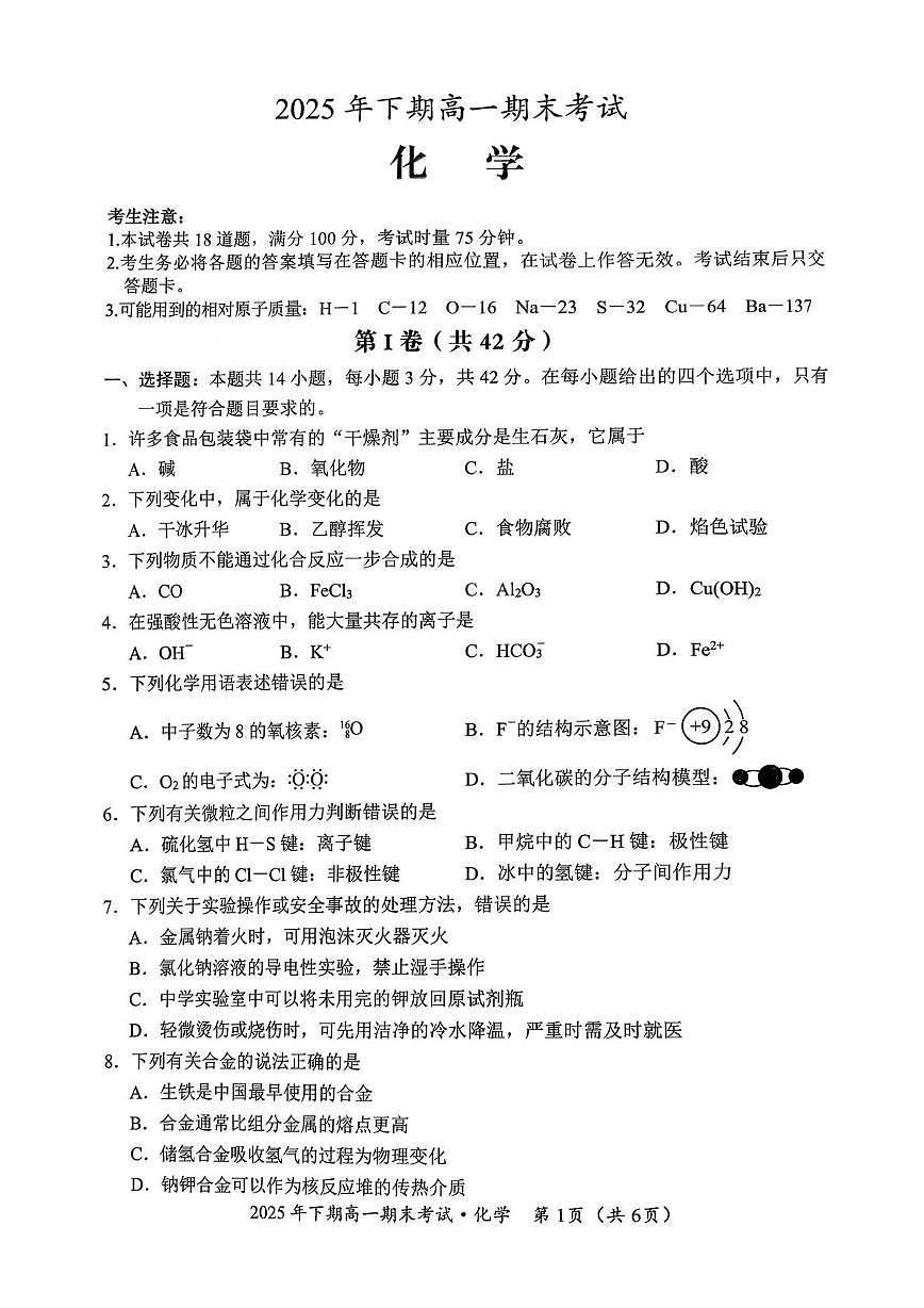 湖南永州市联考2025年下学期高一期末化学试题第1页