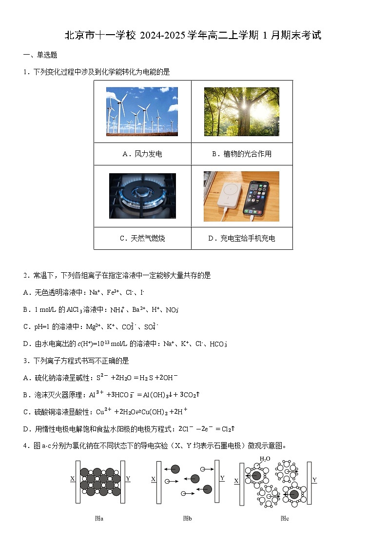 2024-2025学年北京市十一学校高二上学期1月期末考试化学试卷（学生版）第1页